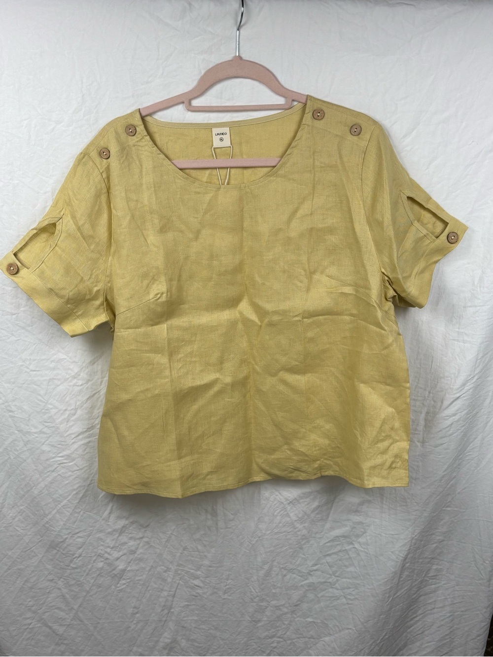 NWT Lintico Yellow Linen-Blend Short Sleeve Button-Shoulder Top XL
